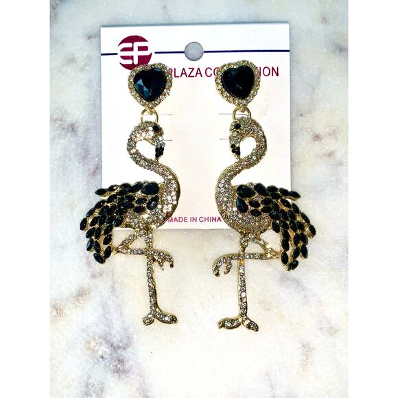 Flamingo Gold Plated Black and Clear Crystal Dangle Post Earrings NWT - Picture 1 of 5